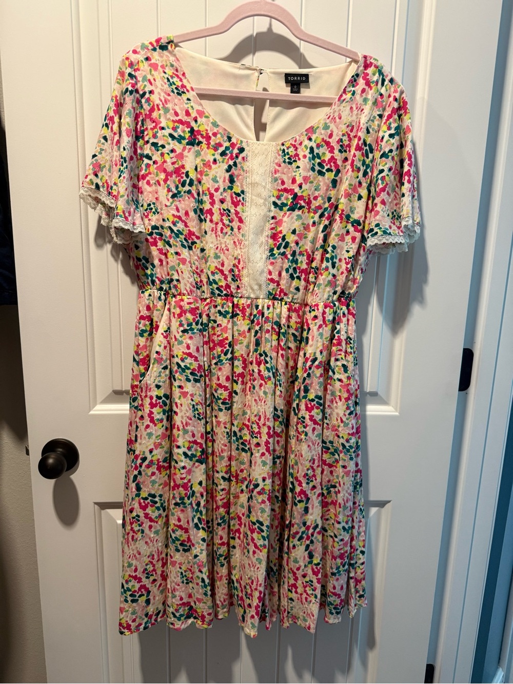 torrid Pink Multicolor Floral Scoop-Neck Dress with Lace Panel Accent